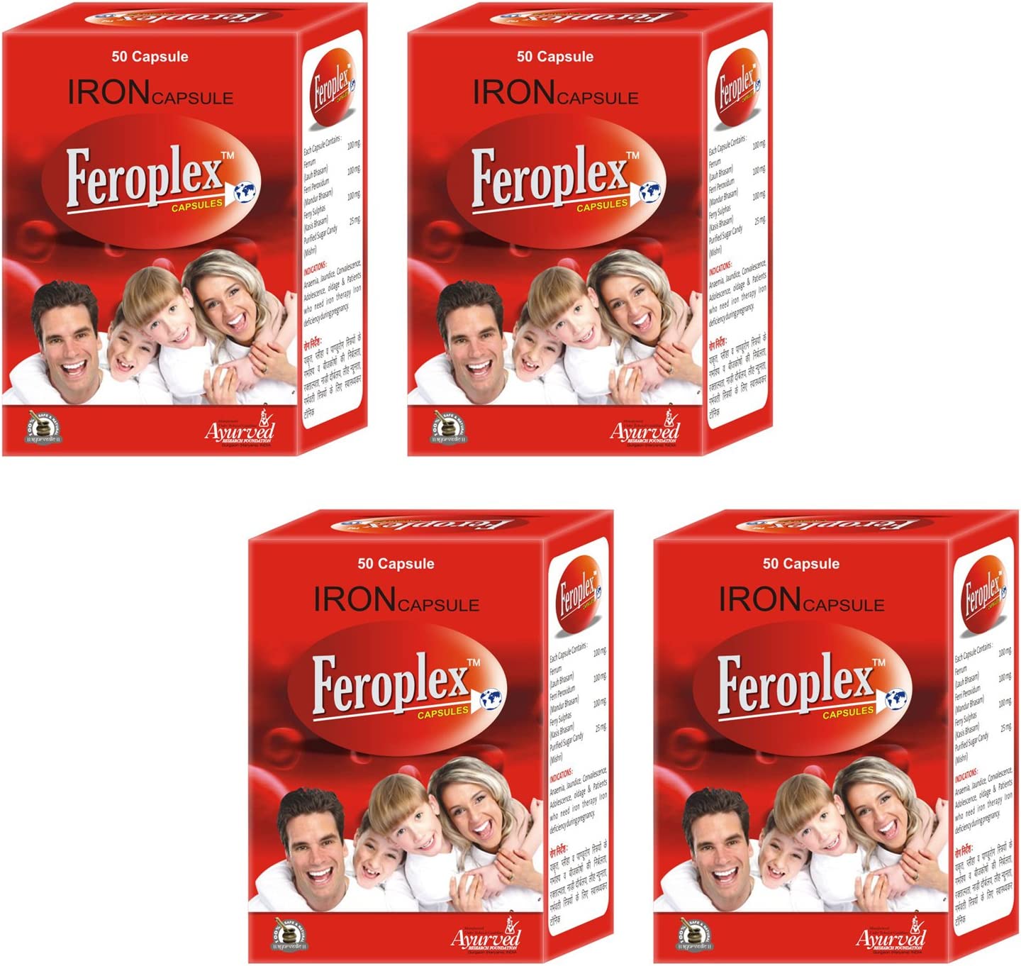 Ayurved Research Foundation Feroplex Capsule Herbal Iron Supplement to Increase Hemoglobin Level 4 Packs of 50 Capsules