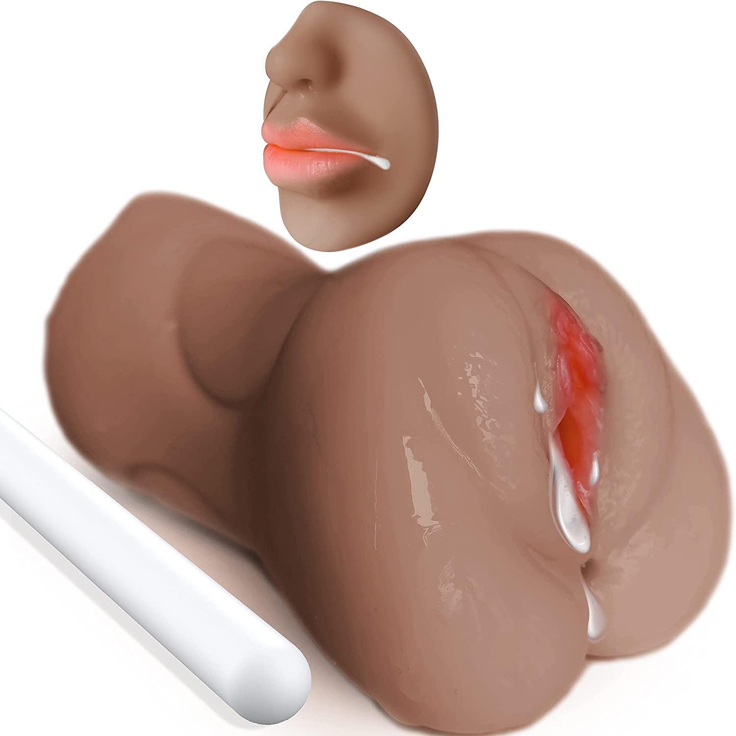 3 in 1 Male Masturbator Realistic Pocket Pussy with Drying Stick, Mansbatee Double-Ended Male Sex Toy Mouth Tongue Textured Vagina & Tight Anus for Men Masturbation (Wheat Skin)