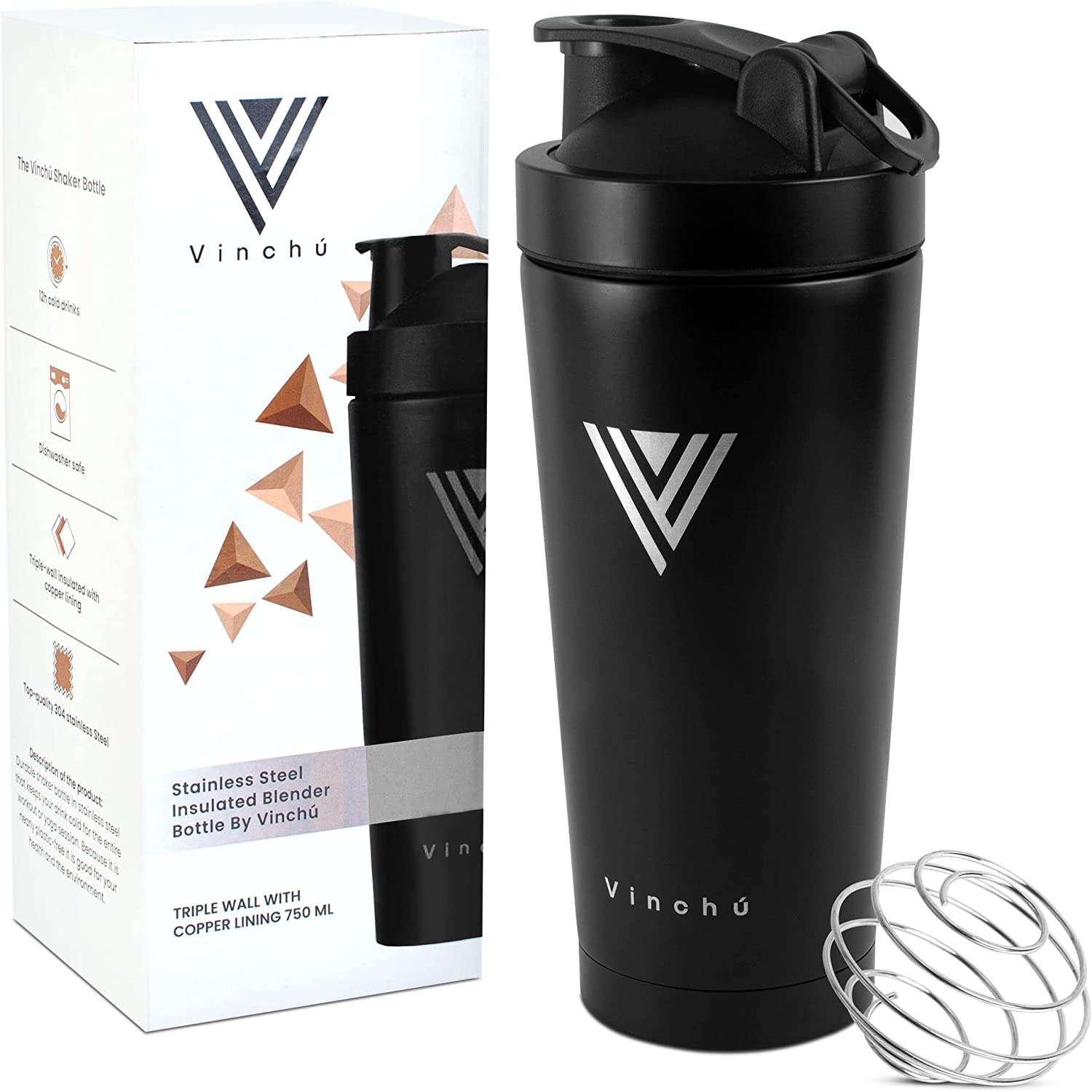 The Vinchu Blender Shaker Bottle - Top Tier Stainless Steel and Triple-Wall Insulation Water Bottle for Cold Protein, Prework-Out and Fitness Shakes (Black)
