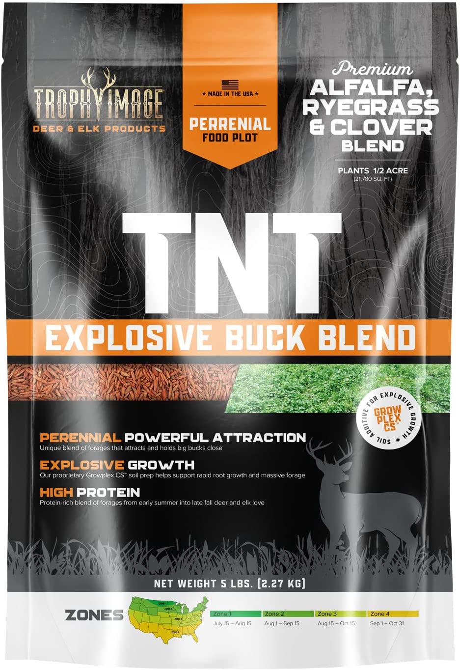 TROPHY IMAGE TNT Explosive Buck Blend Deer Food Plot | Perennial | Alfalfa, Ryegrass and Clover Blend | 5 Pound Bag