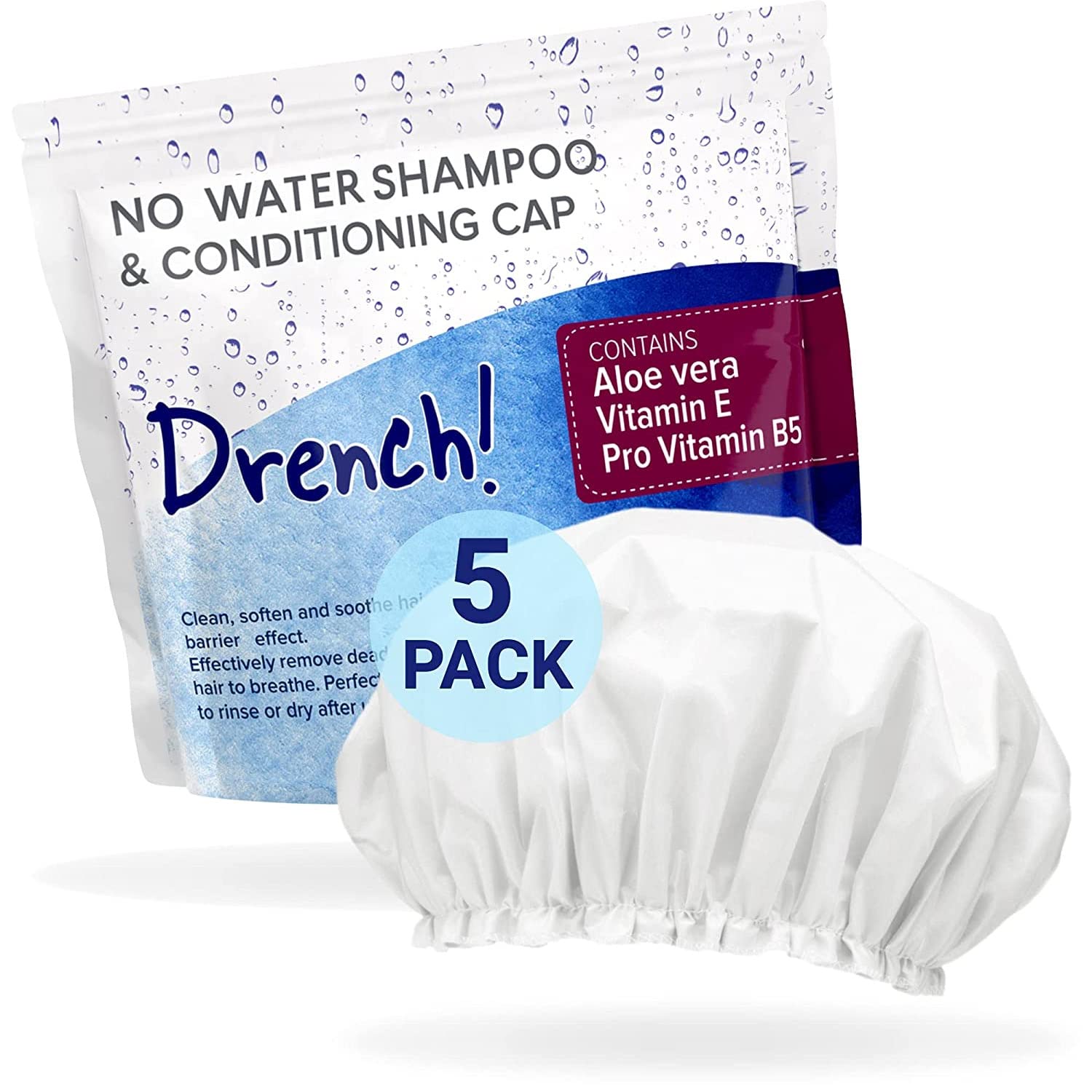 Drench No Water Rinse Free Shampoo Caps [5-Pack] - Waterless Shampoo and Conditioner - Dry Hair Wash Caps for Elderly or Bedridden - Contains Aloe Vera, Vitamin E and Provitamin B5
