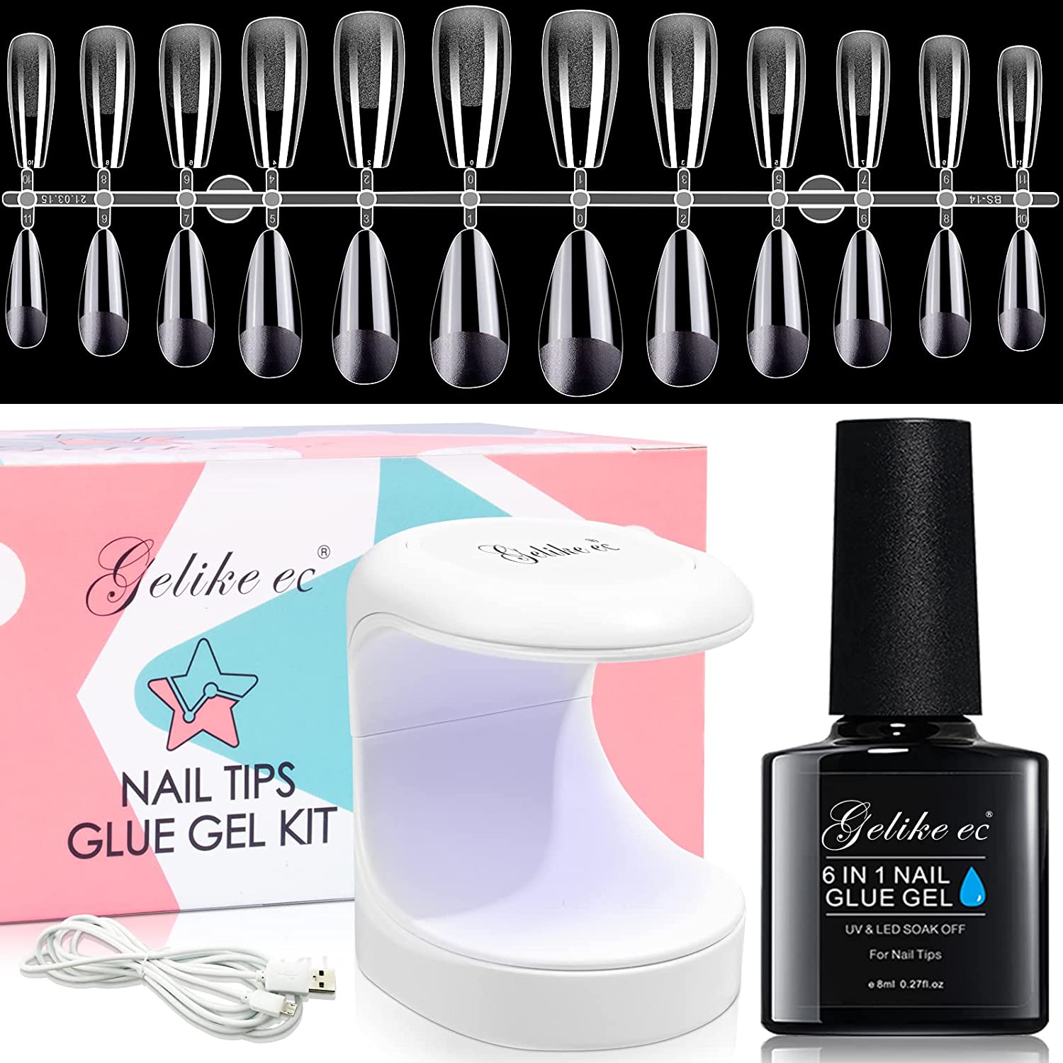 Gelike EC Soft Gel Nail Tip and Glue Gel Kit, Resin Gel Nail Tips with Full Cover and Etched, Acrylic Nail Extensions Kit with Portable UV Light 240PCS Almond & Coffin Shape