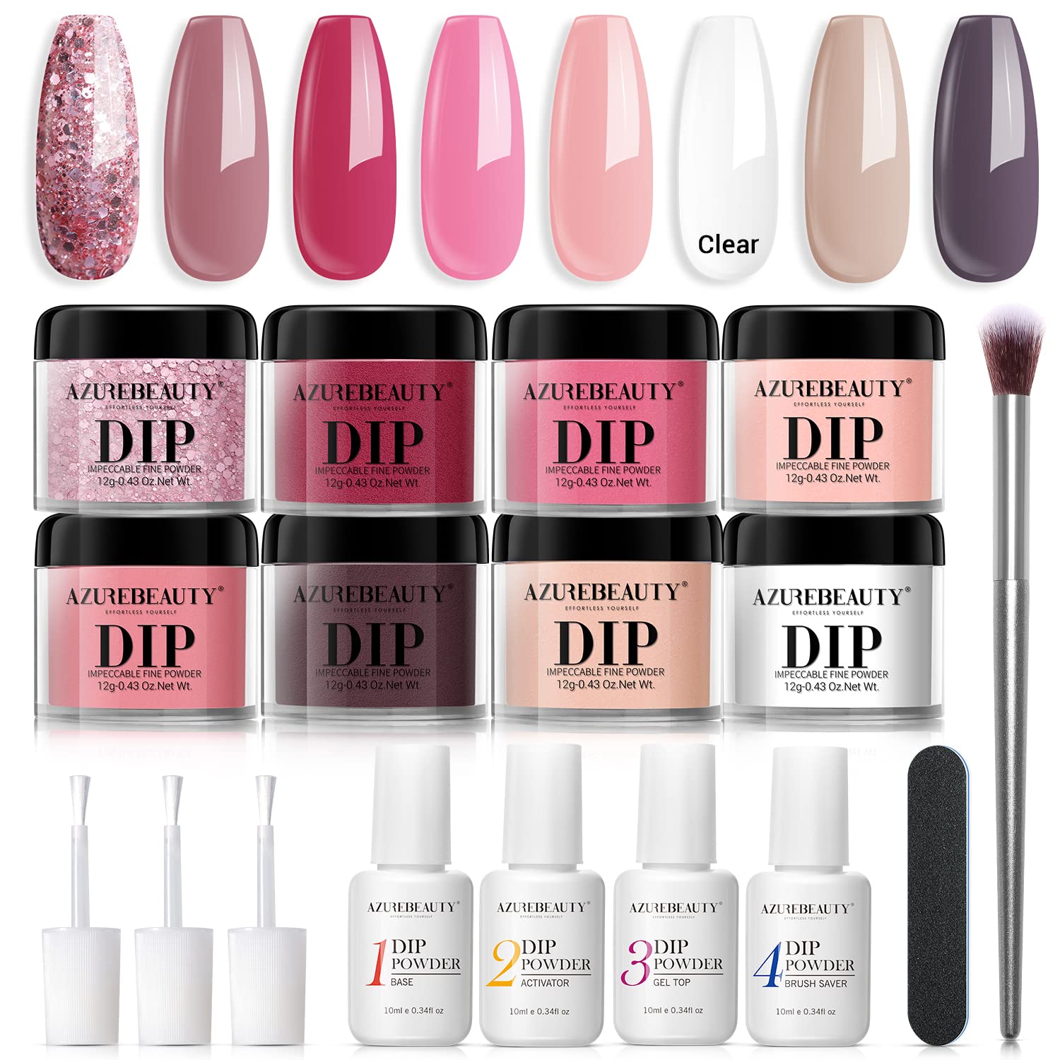 17 Pcs Dip Powder Nail Kit Starter, AZUREBEAUTY Nude Pink Glitter 8 Colors Acrylic Dipping Powder System Essential Kit for French Nail Manicure Nail Art Set