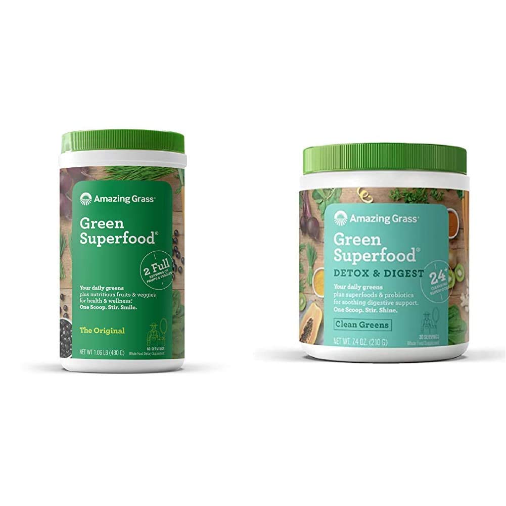 Amazing Grass Green Superfood: Super Greens Powder with Spirulina, 60 Servings & Green Superfood Detox & Digest: Cleanse with Super Greens Powder, Digestive Enzymes & Probiotics, 30 Servings