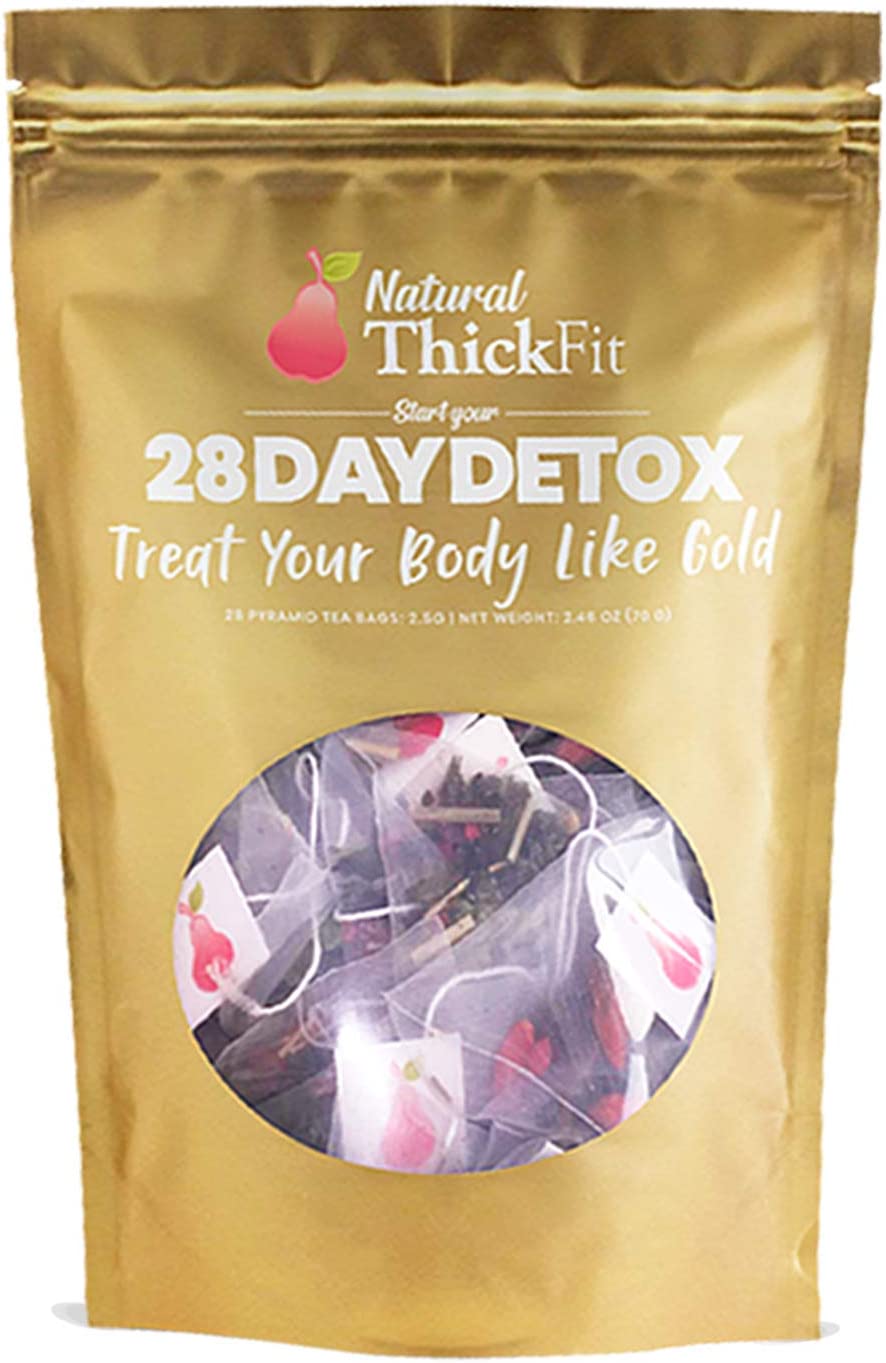 Natural ThickFit 28 Day Detox Tea: Shrink Belly Fat While Shaping Your Curves Cleanse w/ 14-All Superfoods Slimming Weight Loss Herbs & Fruits. Eliminate Toxins, Bloating, Boost Energy & Immune System