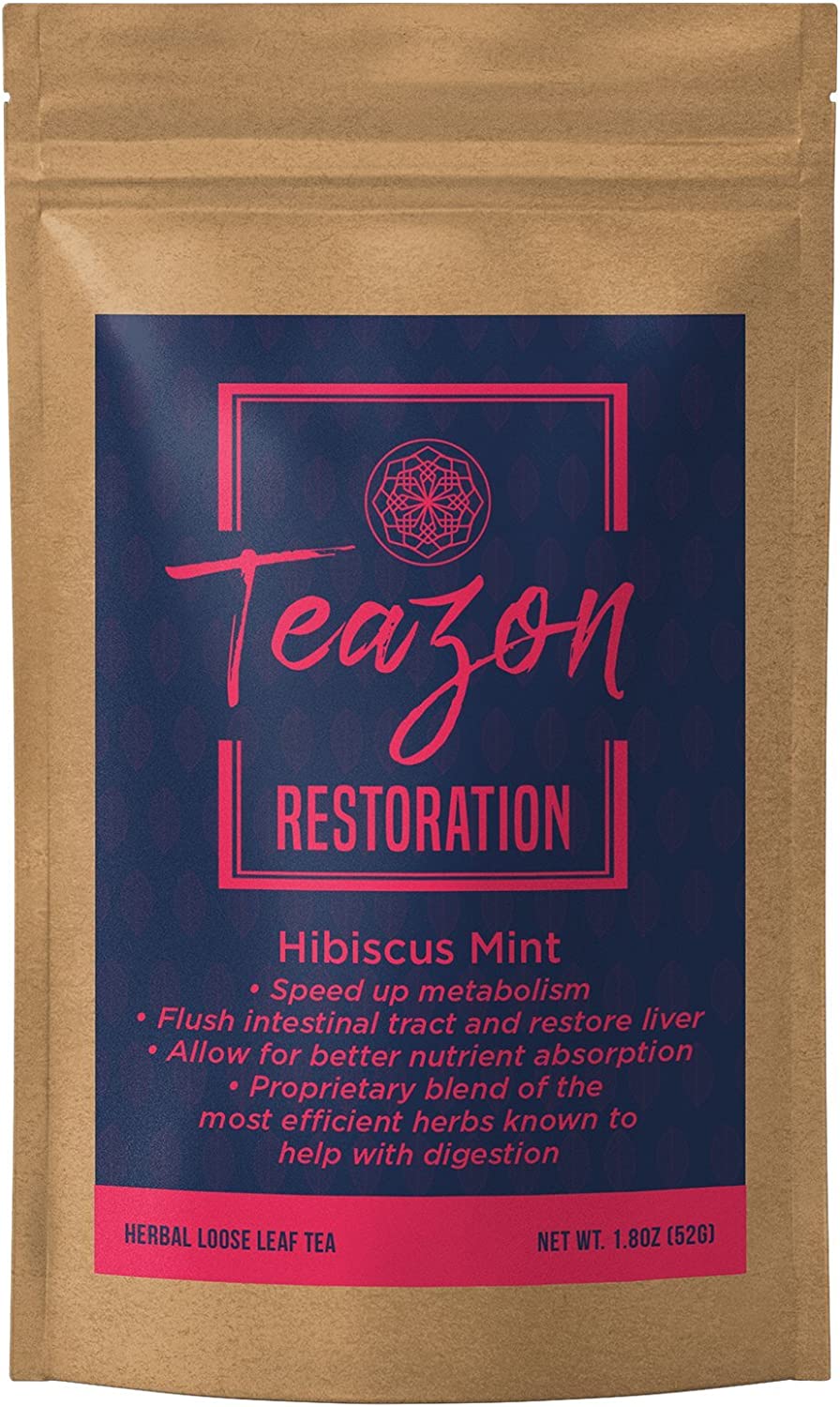 Teazon Restoration Hibiscus Mint Detox Tea for Weight Loss, Cramps, and Belly Fat Loose Leaf Tea | USA Formula | Liver, Intestine, and Kidney Cleanse | Re-sealable Bag 20 Servings (1.8 oz)