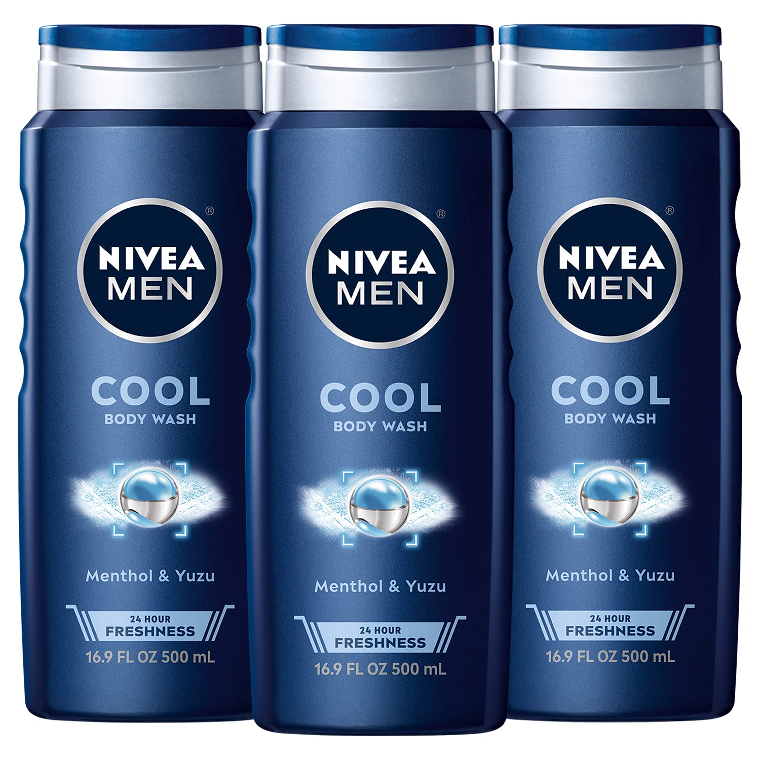 NIVEA MEN Cool Body Wash with Icy Menthol, 3 Pack of 16.9 Fl Oz Bottles