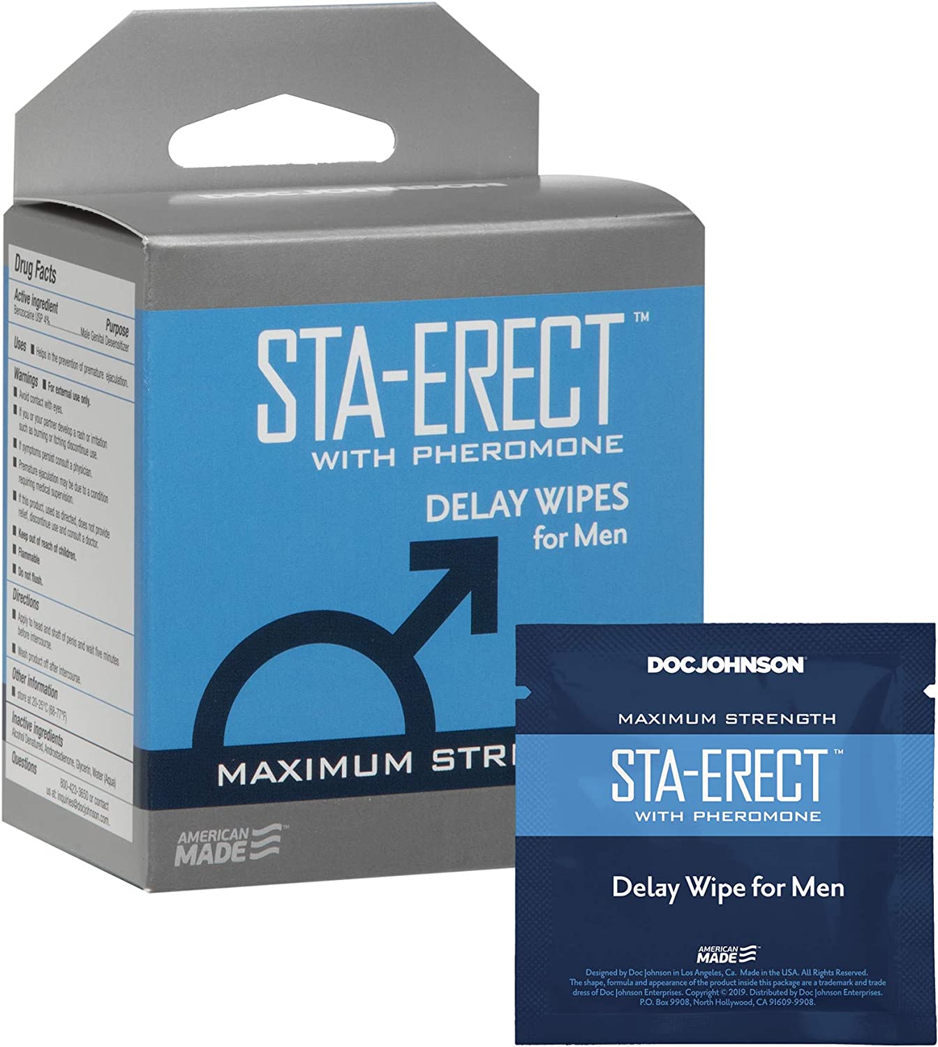 Doc Johnson Sta-Erect - Delay Wipes for Men with Pheromone - 10 Pocket-Sized Single-Use Disposable Wipes for Easy Application