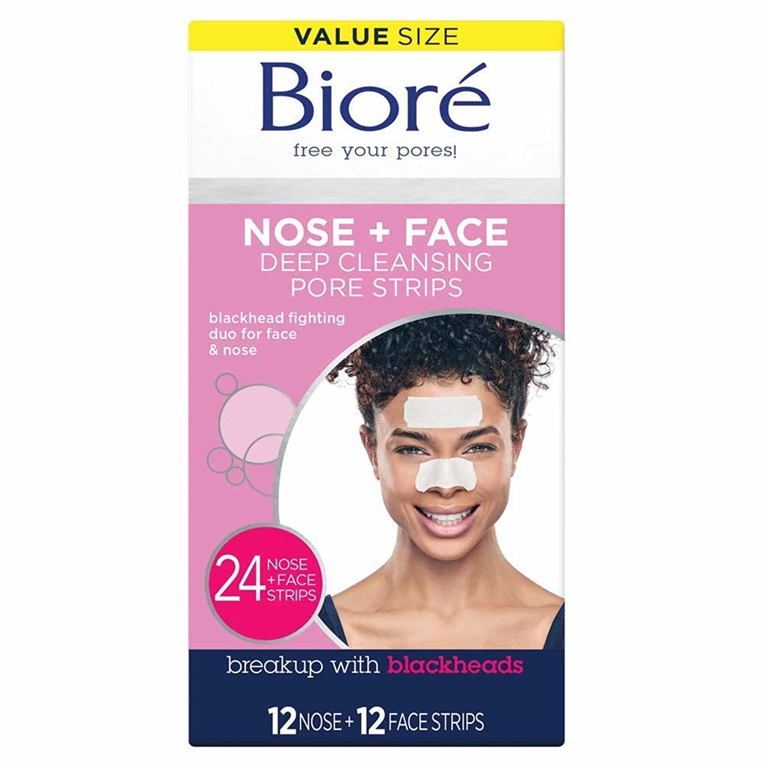 Bioré Nose+Face, Deep Cleansing Pore Strips, 12 Nose + 12 Face Strips for Chin or Forehead, with Instant Blackhead Removal and Pore Unclogging, Oilfree, NonComedogenic Use, Unscented, 24 Count