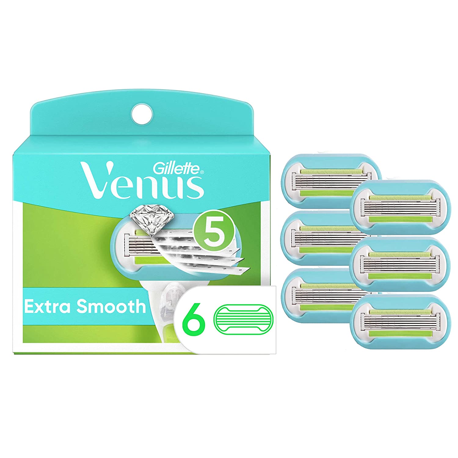 Gillette Venus Extra Smooth Womens Razor Blade Refills, 6 Count, Designed for a Close, Smooth Shave, light blue
