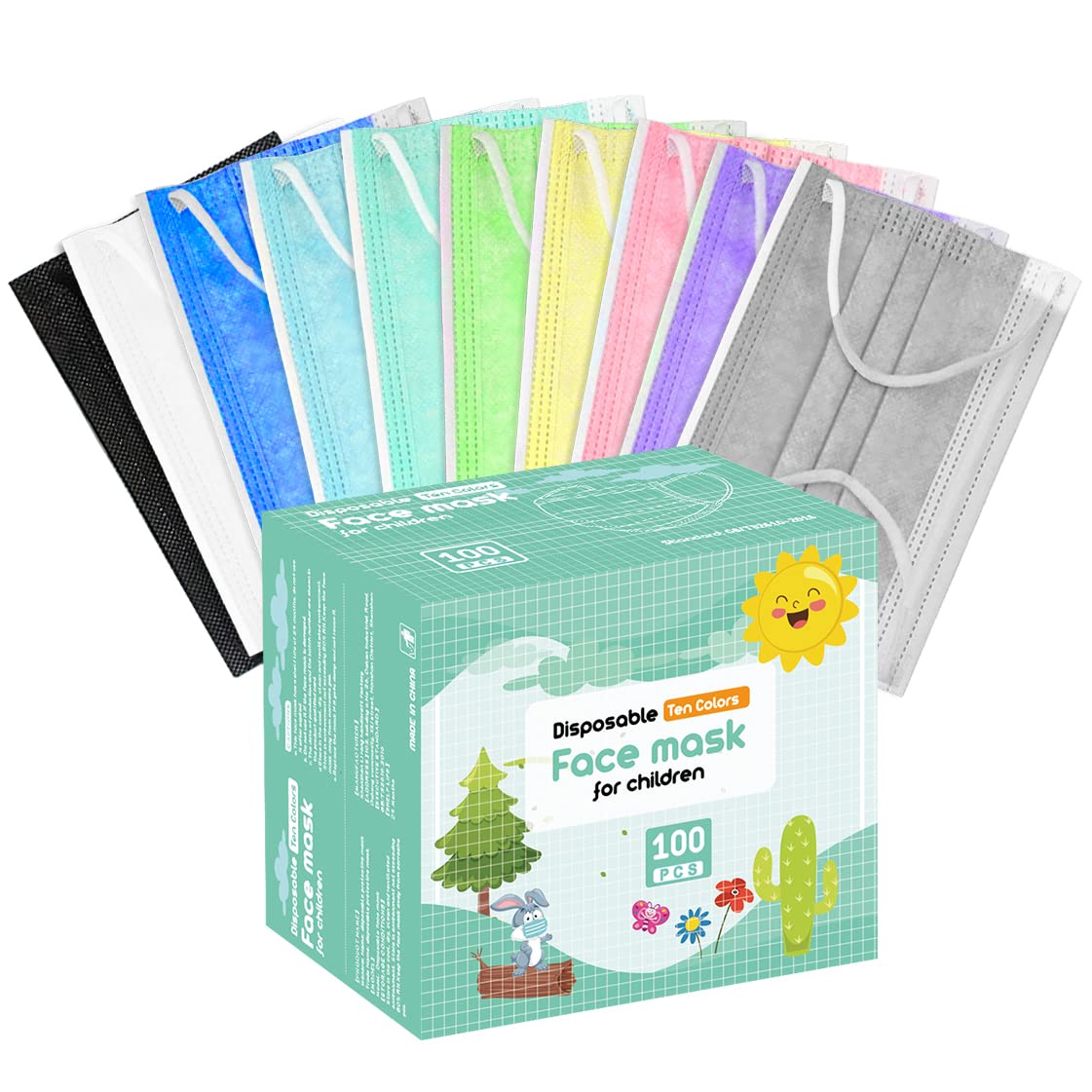 HIWUP 100Pcs Ten Colors Kids Disposable Face Masks for Childrens Face Mask Ages 4-12