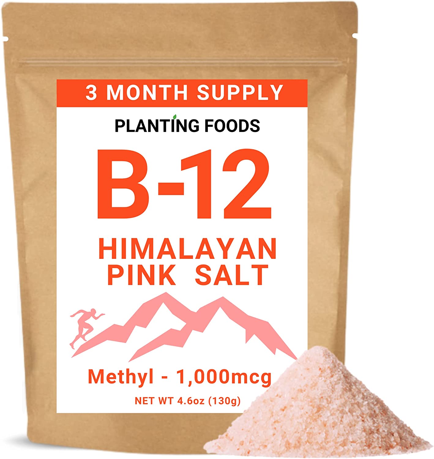 Himalayan Salt + Vitamin B12 Methylcobalamin 1000 mcg - Extra Fine Grain - Organic Pure & Unrefined - Energy Boost - 3 Month Supply - 100 Servings (1 Bag)