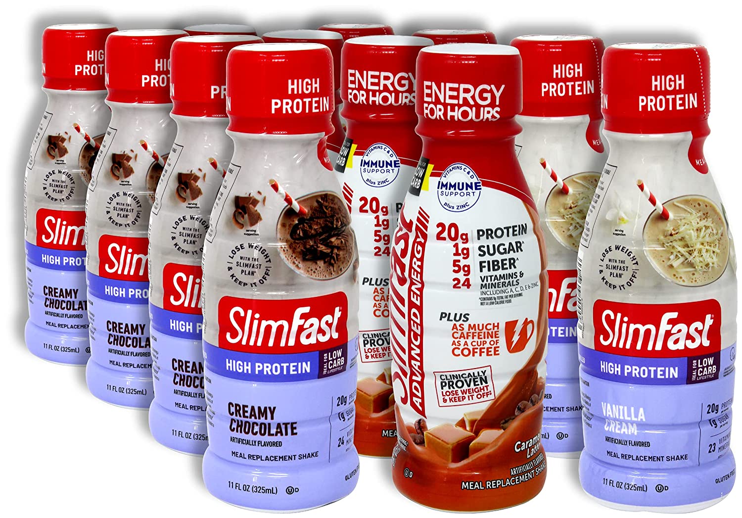 Slim Fast Protein Meal Replacement shakes | Slim Fast High Protein Shake | Creamy Chocolate, Vanilla Cream, and Caramel Latte Flavors | 12 Pack | Sampler Pack | Niro Assortment