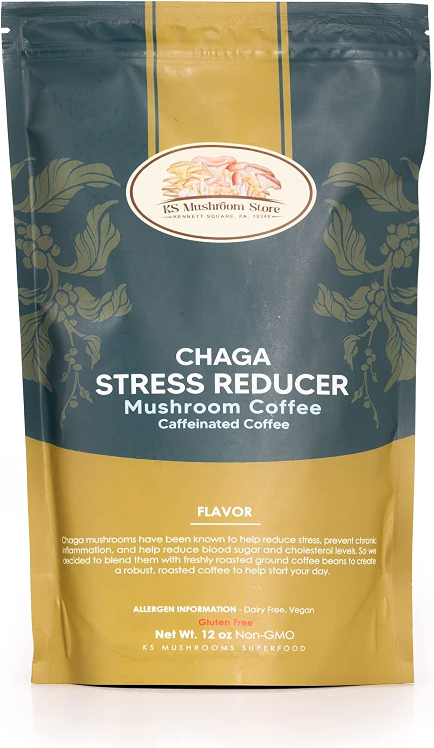 KS Mushroom Store Immune Health Boost Mushroom Coffee with Chaga Mushrooms - Stress Reducing Ground Coffee Formula 12 Ounces
