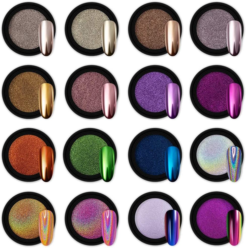 Artdone 16 Jars Chrome Nail Powder Metallic Mirror Effect Holographic Aurora Chameleon Pigment 1g/Jar for Nail Art Gel Polish Mermaid Unicorn Dipping Powder