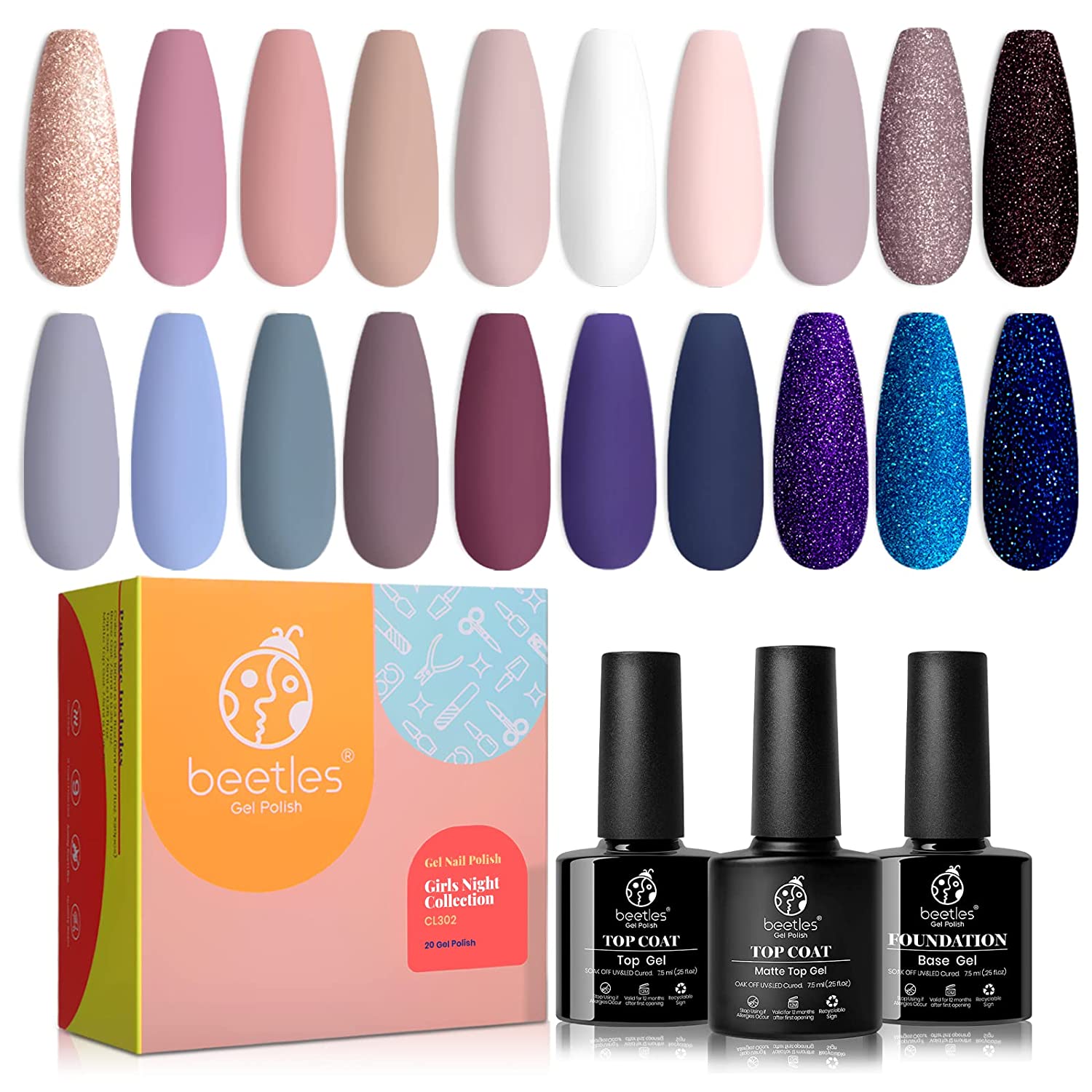 Beetles 20Pcs Gel Nail Polish Kit, with Glossy & Matte Top Coat and Base Coat- Girls Night Collection Popular White Nude Gray Glitters Gel Polish Soak Off Gel Nail Kits Mother's Day Gifts for Women Gi