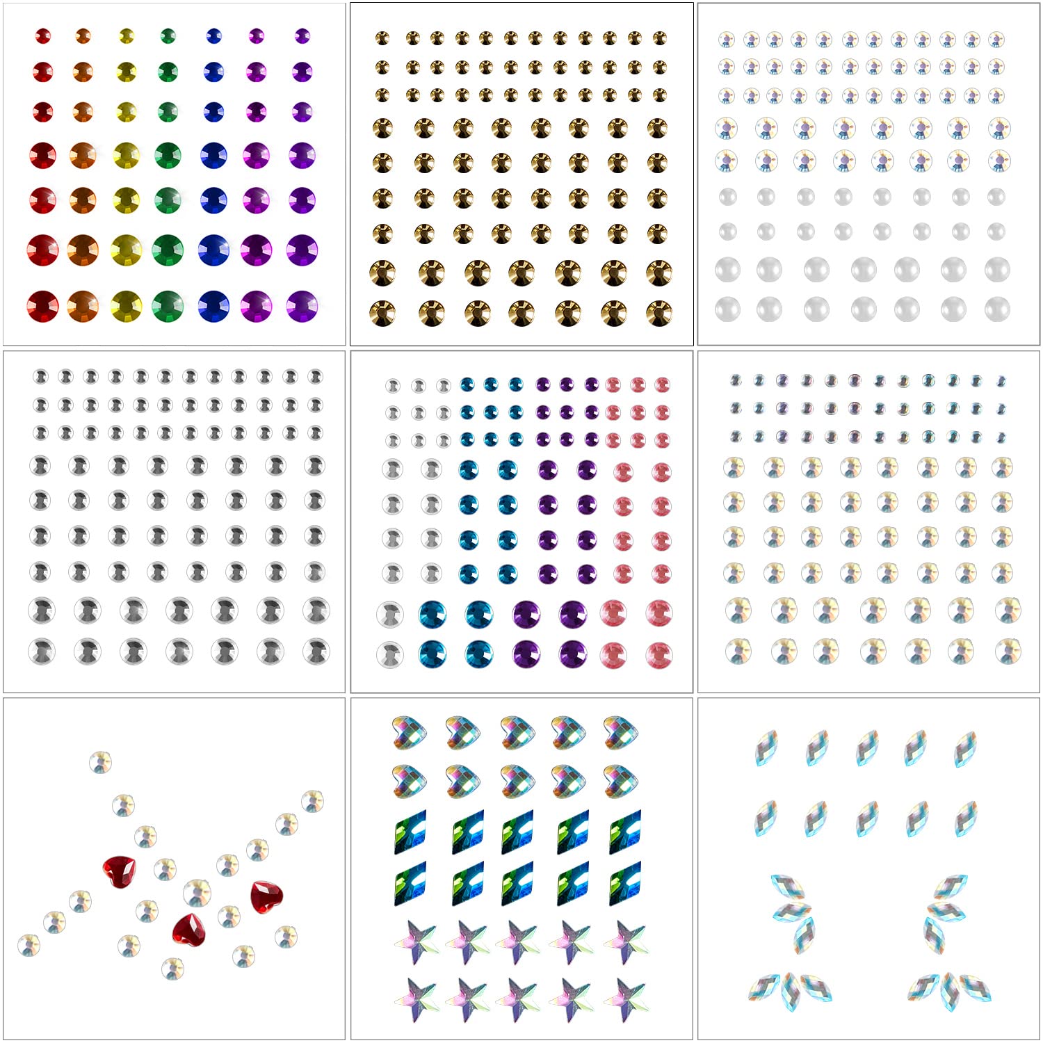 9 Sheets Eye Body Face Gems Jewels Rhinestone Stickers Self Adhesive Crystal Rainbow Makeup Diamonds Face Stick Gems for Women Festival Accessory and Nail Art Decorations (Tiny Bead)