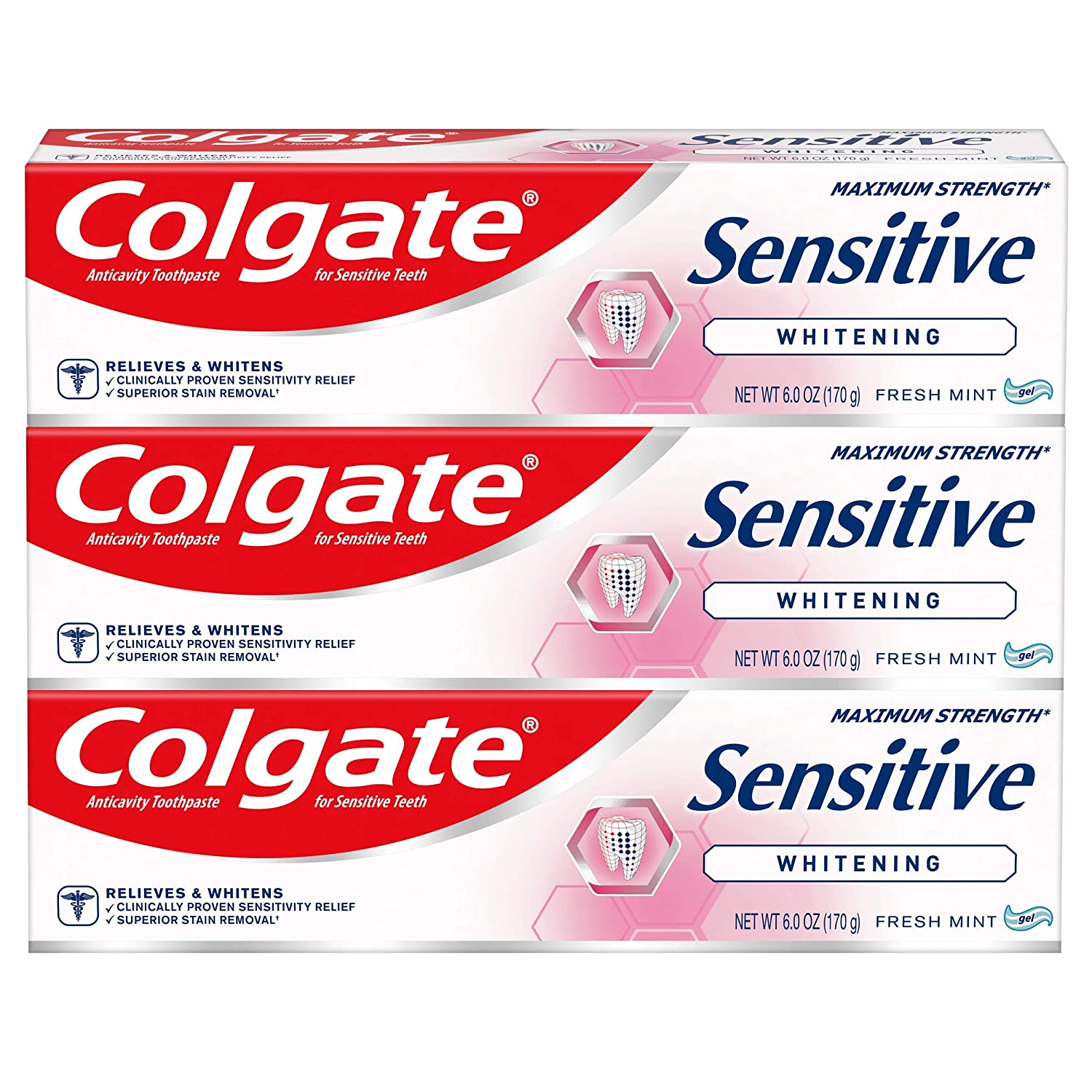 Colgate Whitening Toothpaste for Sensitive Teeth, Enamel Repair and Cavity Protection, Fresh Mint Gel, 6 Oz, Pack of 3