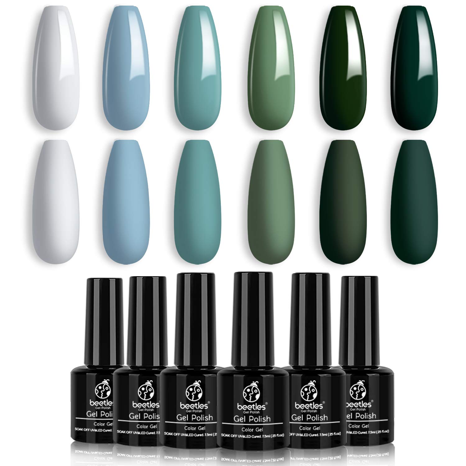 Beetles Blue Green Gel Nail Polish Set - 6 Colors Misty Gray Dark Green Gel Polish Kit Baby Blue Nail Gel Polish Soak Off LED Nail Lamp Gel Nail Kit DIY Home St. Patrick's Day Manicure Gifts Box